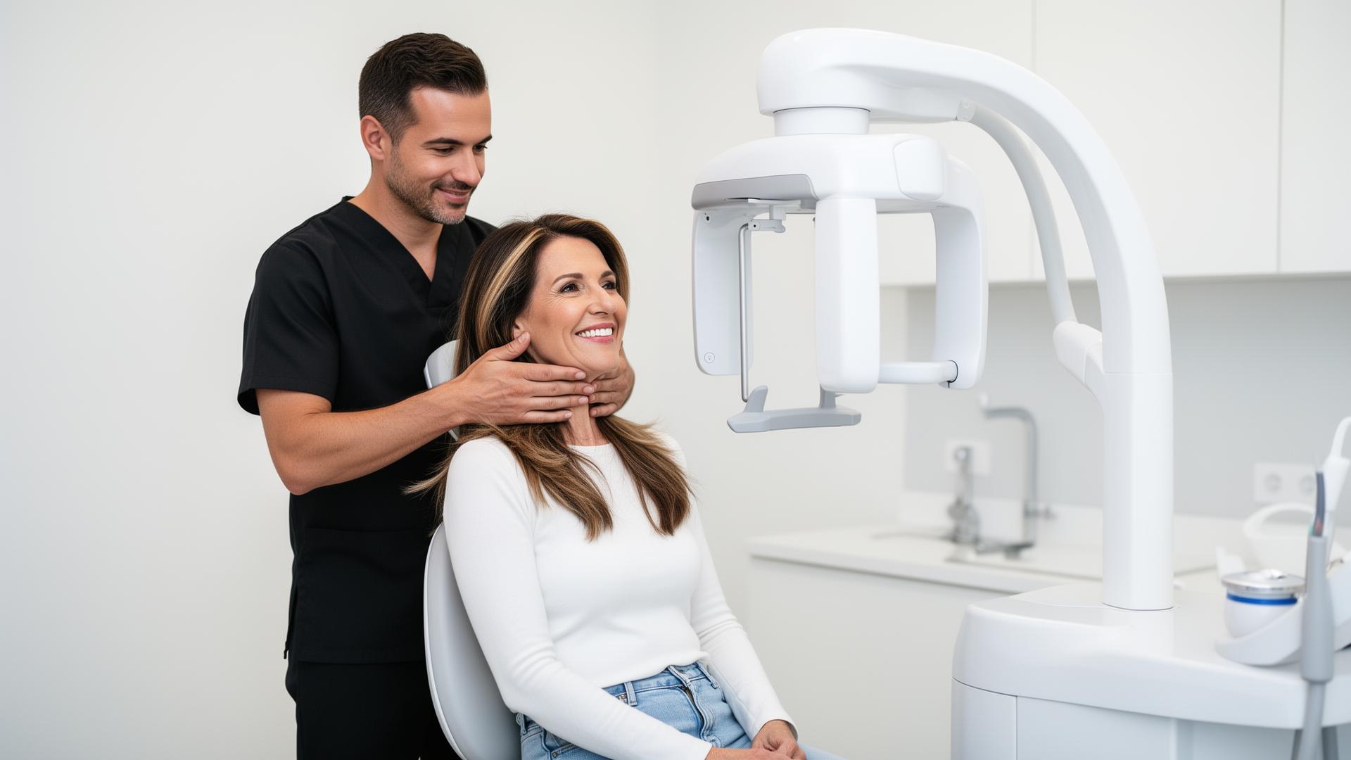 מטופלת מחייכת עוברת סריקת CT תלת־ממדית במרפאת שיניים מודרנית
